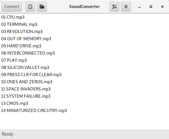 SoundConverter в GNOME: главное окно со списком аудиофайлов