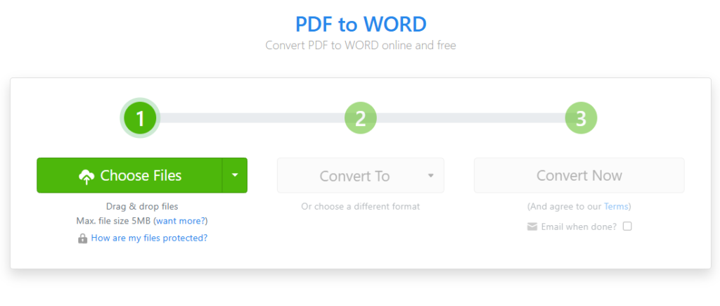 Интерфейс Zamzar для PDF to Word