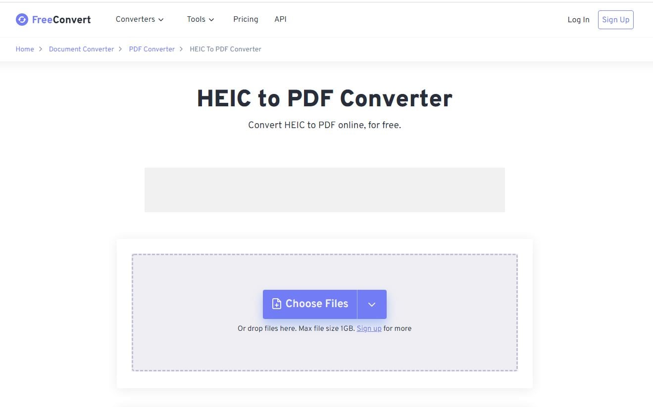 Интерфейс FreeConvert.com для конвертации HEIC в PDF