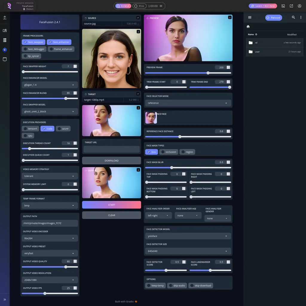 Интерфейс FaceFusion с областями Source, Target, Preview и настройками face swapper