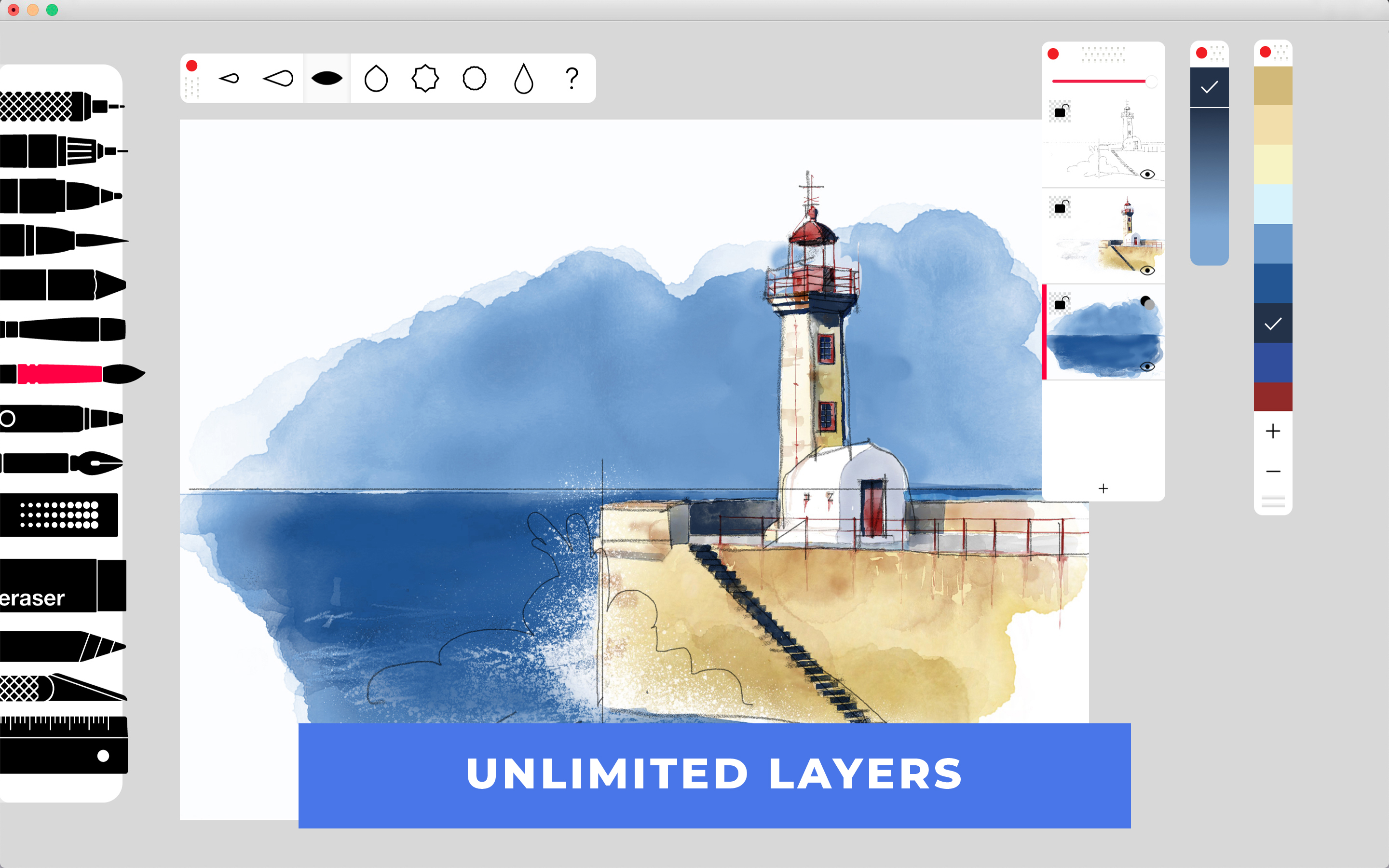 Интерфейс Tayasui Sketches с акварельной иллюстрацией, панелью инструментов, слоями и цветовой палитрой