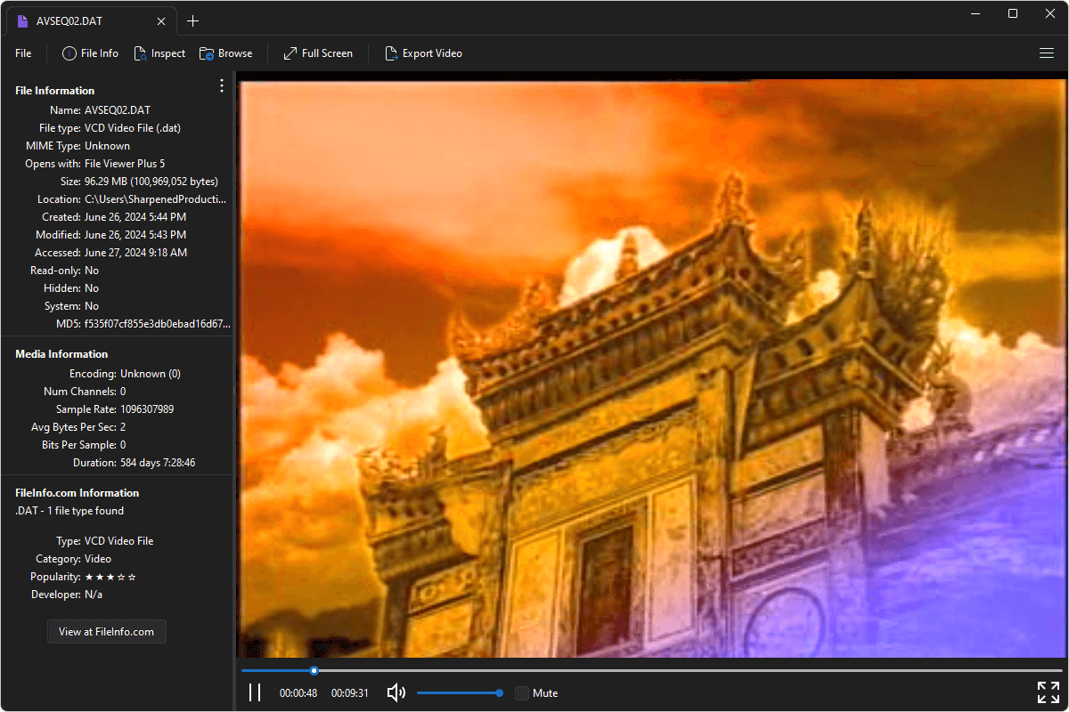 VCD DAT AVSEQ02.DAT открыт в File Viewer Plus