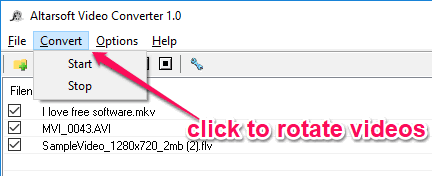 Запуск обработки через меню Convert в Altarsoft Video Converter