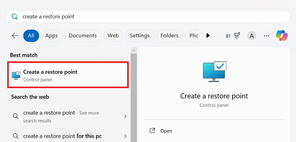 Поиск окна создания точки восстановления в Windows 11