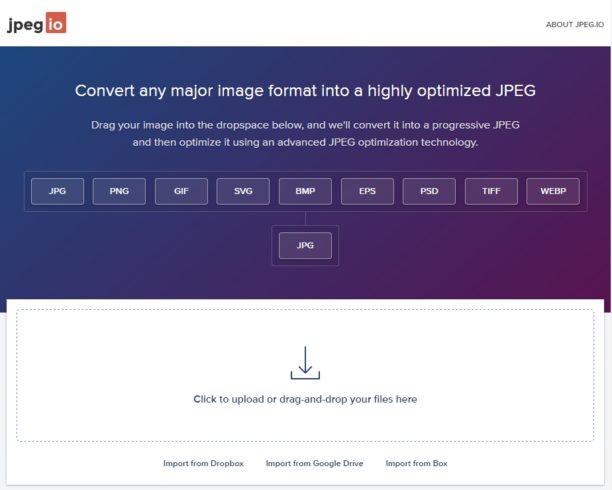 Главный экран JPEG.io с перечнем поддерживаемых форматов и зоной загрузки
