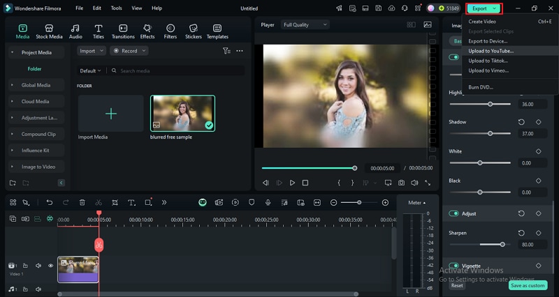 Экспорт проекта Filmora после обработки фотографии