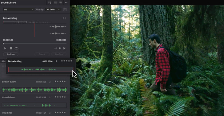 Библиотека звуков и таймлайн Fairlight в DaVinci Resolve