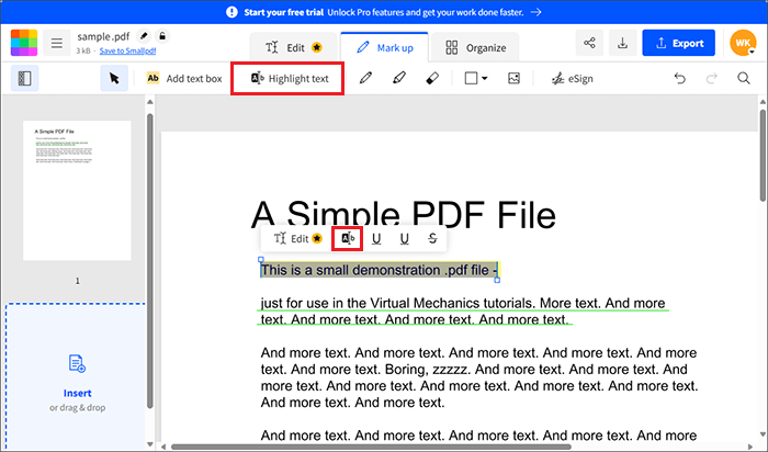 Цветное выделение текста в Smallpdf