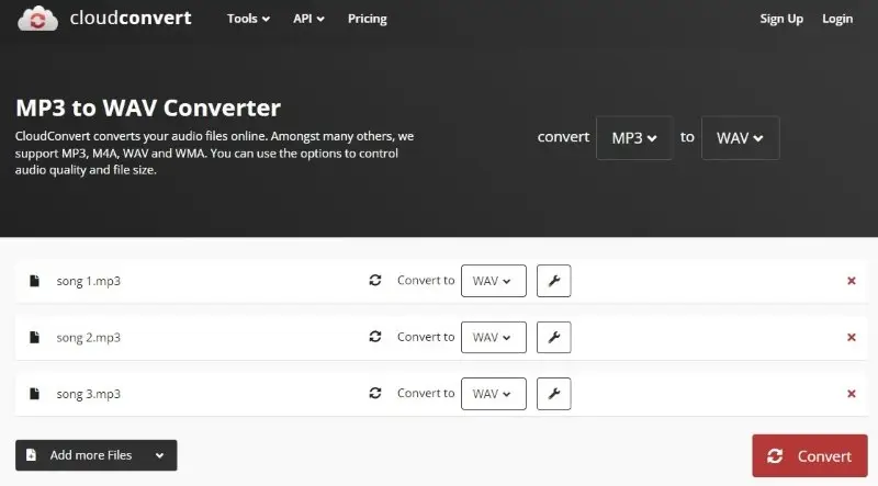 Интерфейс CloudConvert для конвертации аудио