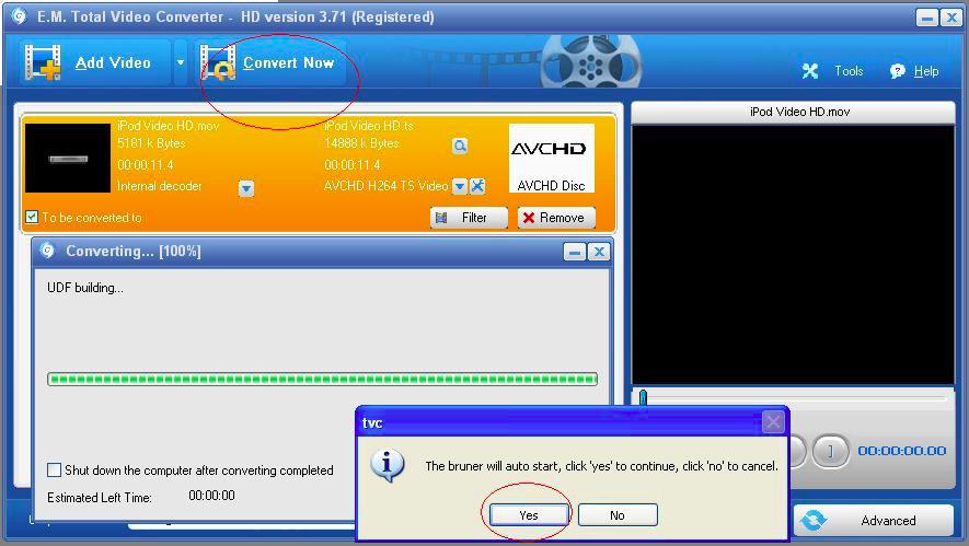 Запуск конвертации AVCHD/Blu-ray через Convert Now