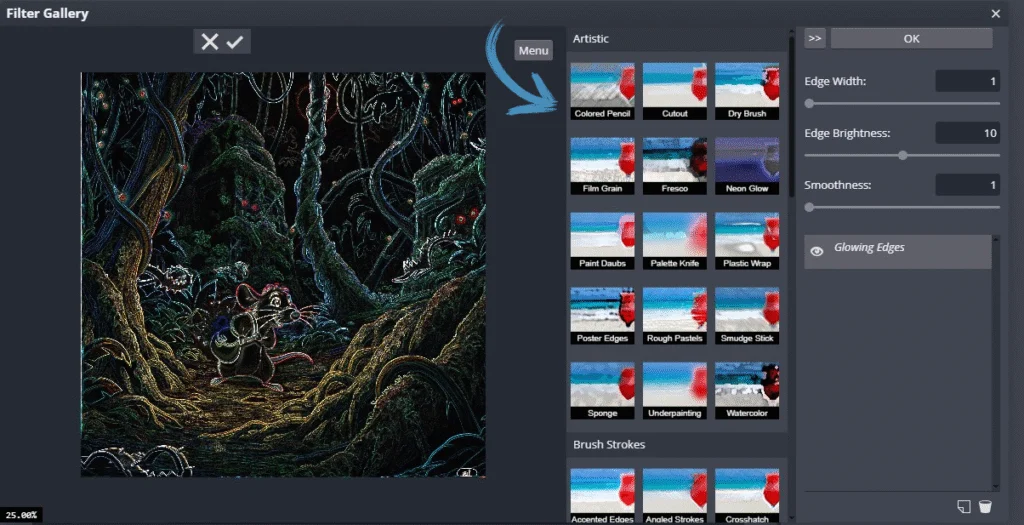 Photopea: окно Filter Gallery с художественными фильтрами