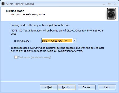 Выбор режима Disc-At-Once raw P-W для CD-Text в StarBurn Audio Burner Wizard