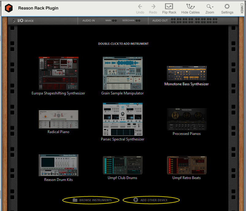 Пустой Reason Rack Plugin с выбором инструментов