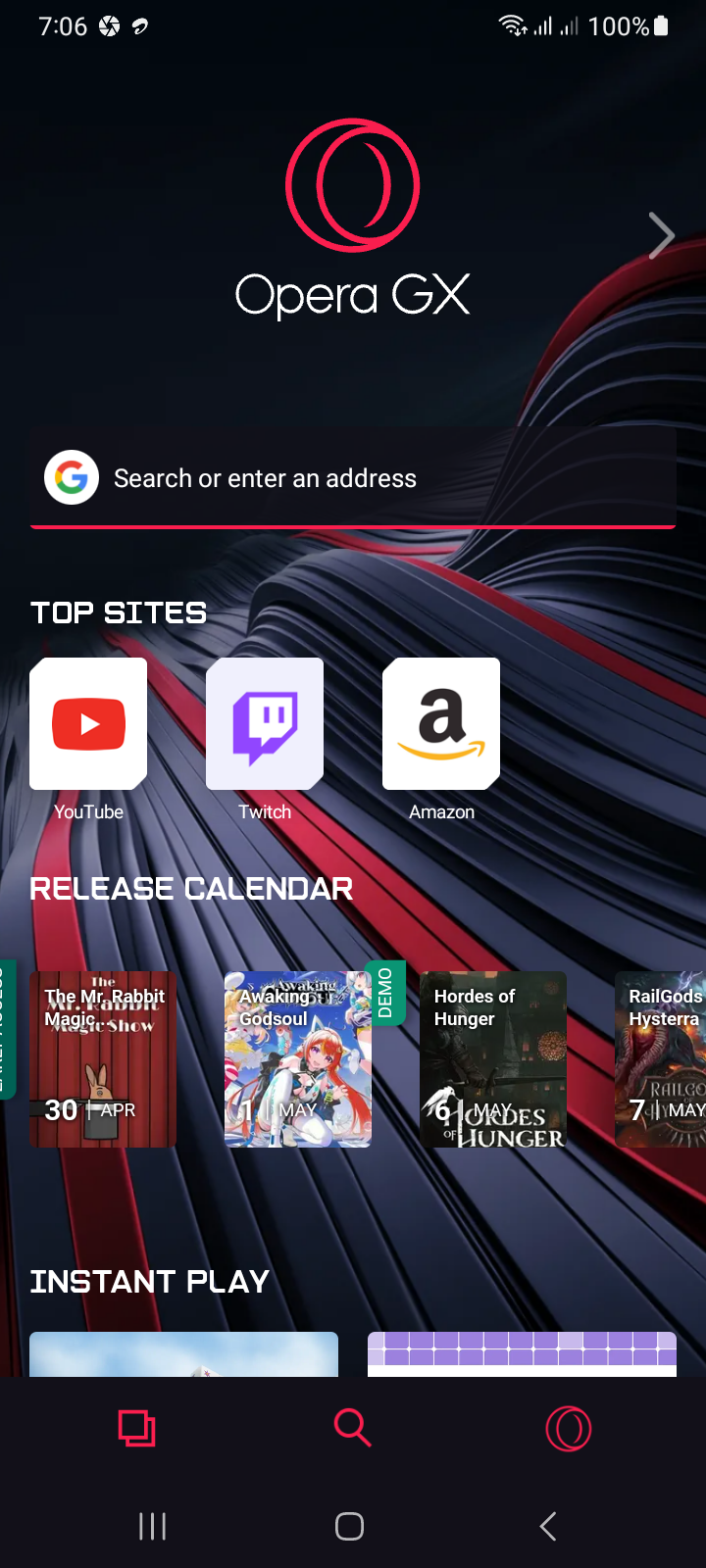 Интерфейс Opera GX на Android