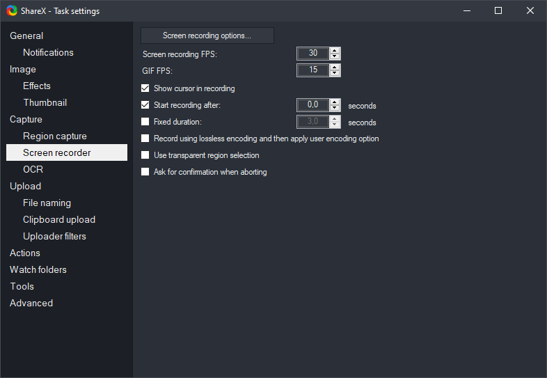 Вкладка Screen recorder в Task settings программы ShareX