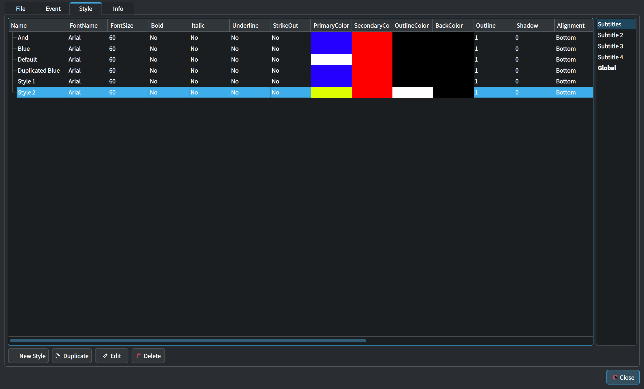 Редактор стилей субтитров в Kdenlive