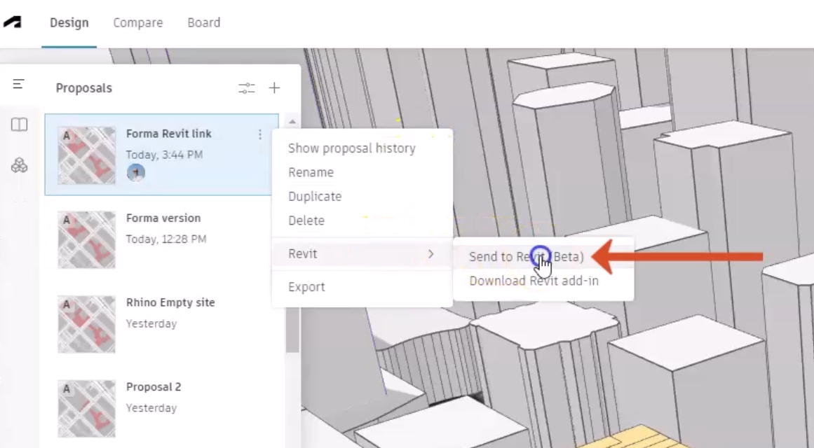 Меню proposal в Autodesk Forma Site Design с командой Send to Revit (Beta)