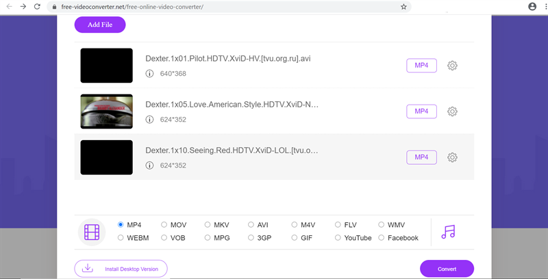Рабочее окно FVC Free Video Converter Online со списком файлов, форматами и кнопкой Convert