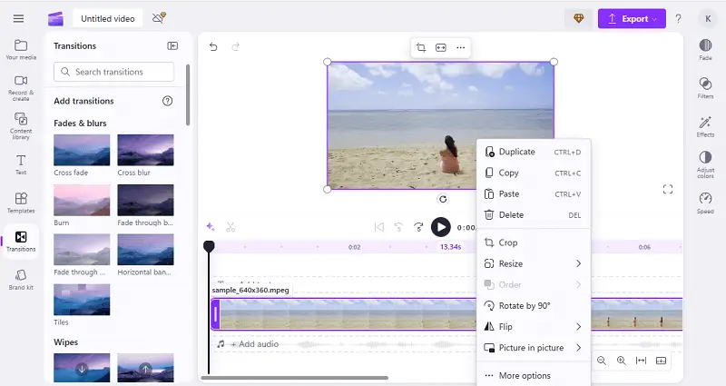Поворот клипа в Clipchamp на 90 градусов
