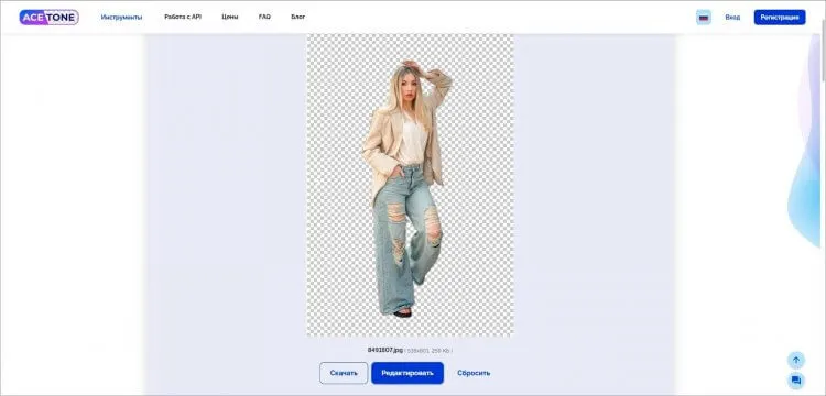 Интерфейс Acetone.ai после удаления фона