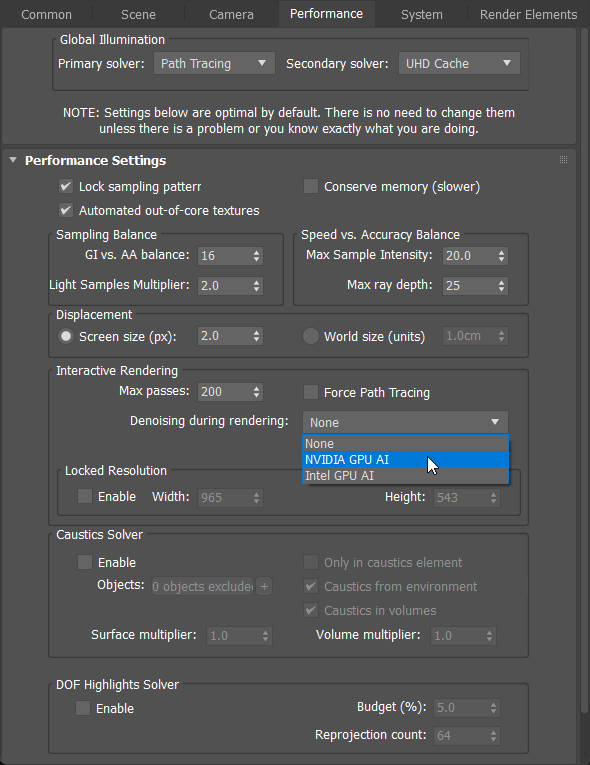 Настройка Denoising during rendering для Interactive Rendering Corona