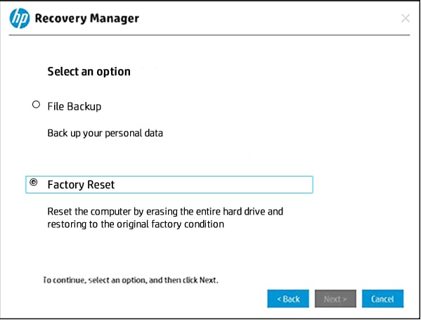 Пример интерфейса HP Recovery Manager с пунктом Factory Reset