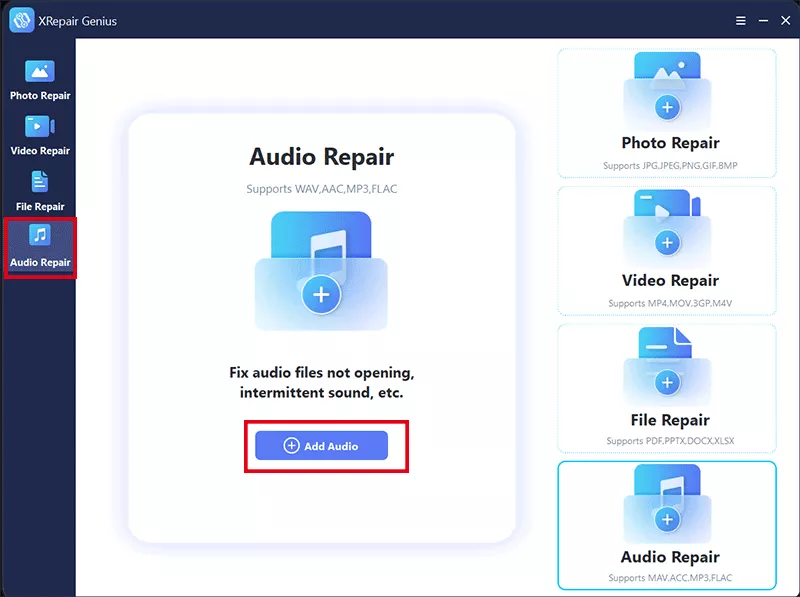 Добавление повреждённого аудиофайла в iSunshare XRepair Genius