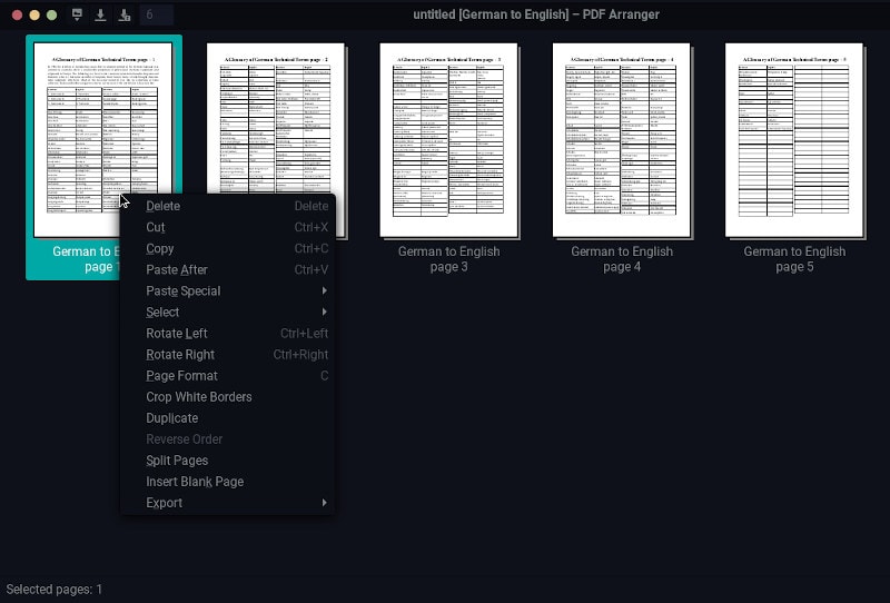 PDF Arranger с выделенной страницей и контекстным меню операций