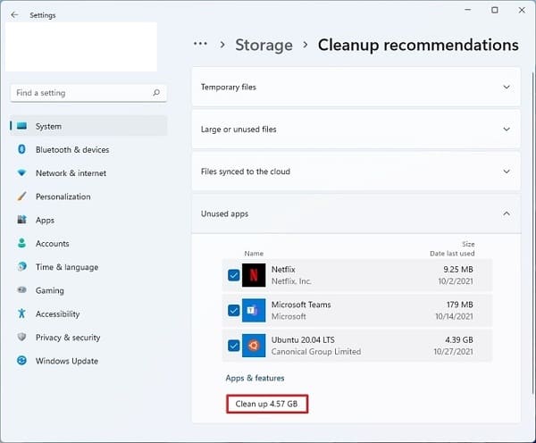 Раздел Cleanup recommendations в Windows 11 с категориями Large or unused files, Files synced to the cloud и Unused apps