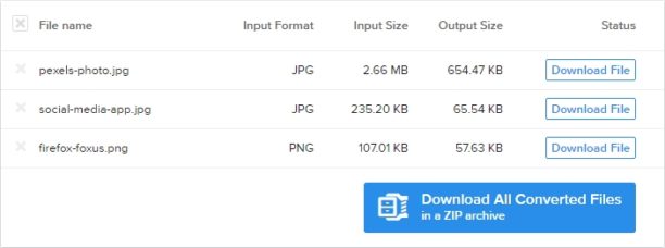 Таблица результатов JPEG.io с исходным и итоговым размером файлов