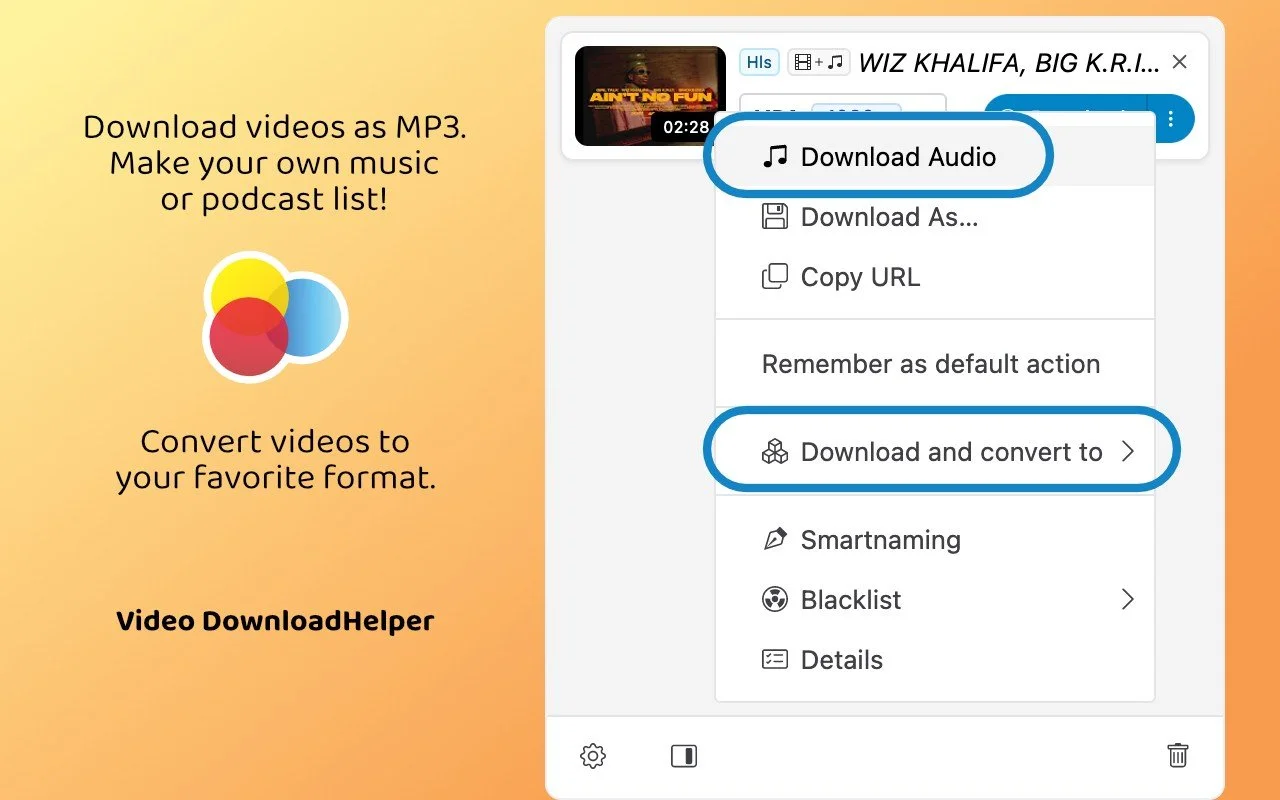 Меню Video DownloadHelper со списком обнаруженных видеопотоков