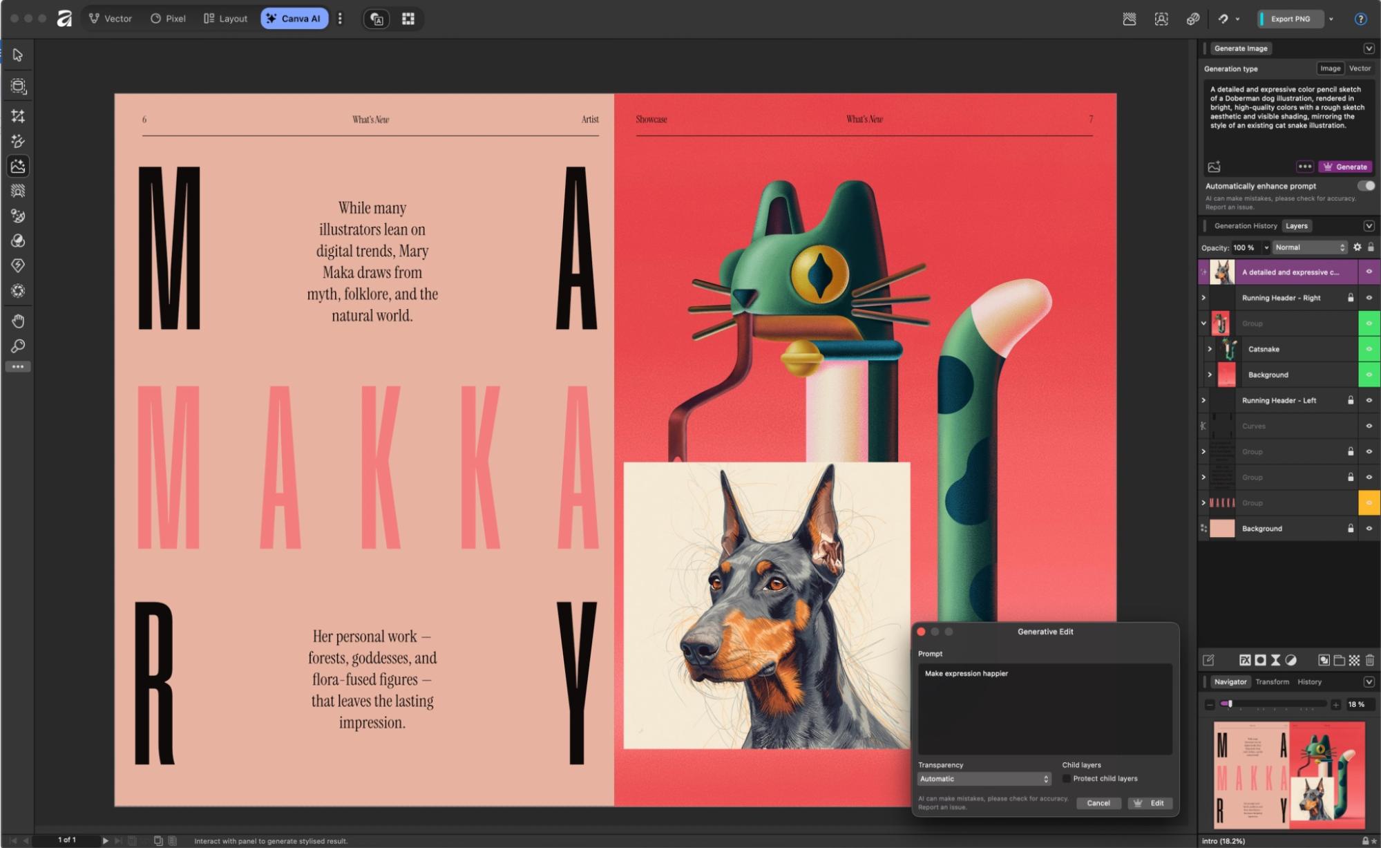 Интерфейс Affinity с панелью слоёв и рабочими средами Pixel, Vector и Layout