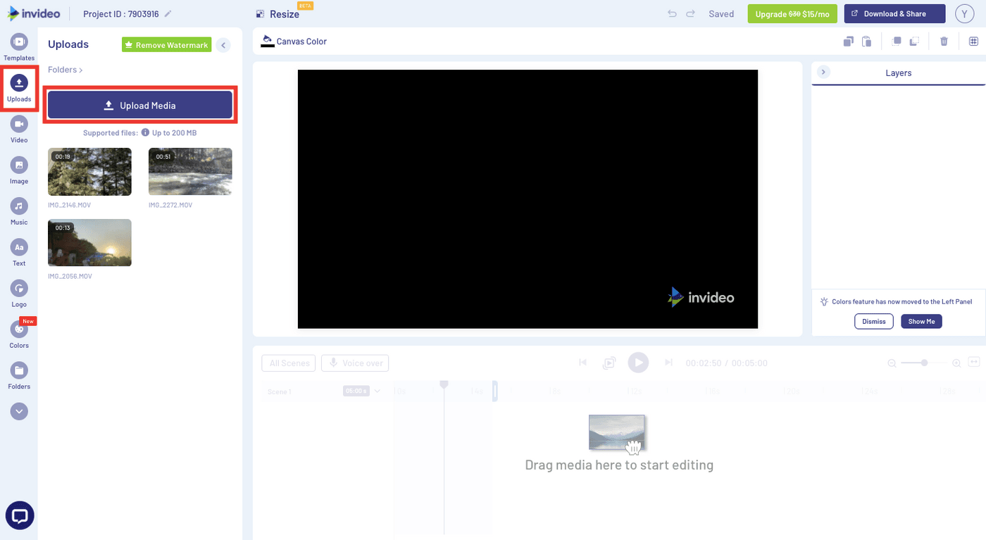 Интерфейс загрузки медиа и таймлайна InVideo Studio