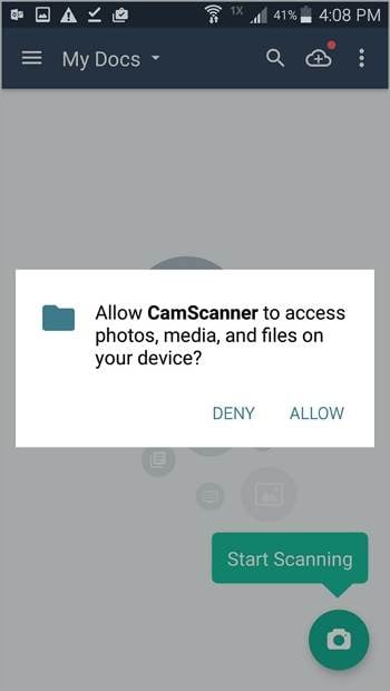 Экран камеры CamScanner при создании скана