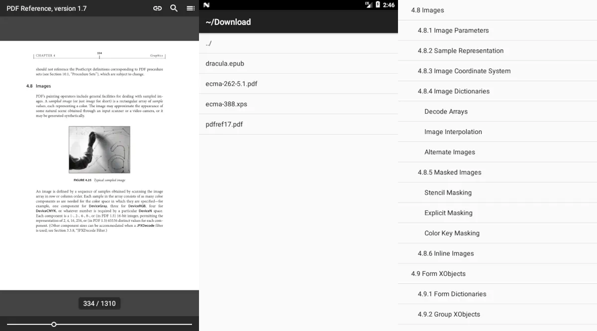 Интерфейс MuPDF viewer на Android с открытым PDF, файловым списком и оглавлением