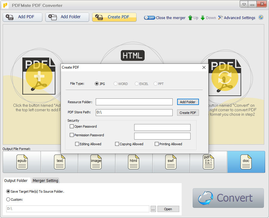 Окно Create PDF в PDFMate PDF Converter с настройками Resource Folder, PDF Store Path и Security