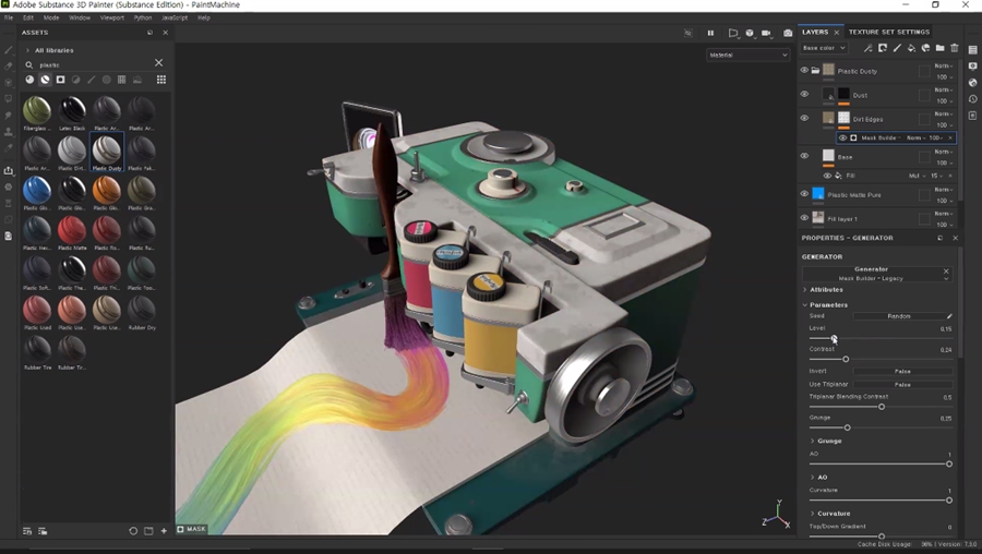Интерфейс Adobe Substance 3D Painter с 3D-моделью и панелями материалов