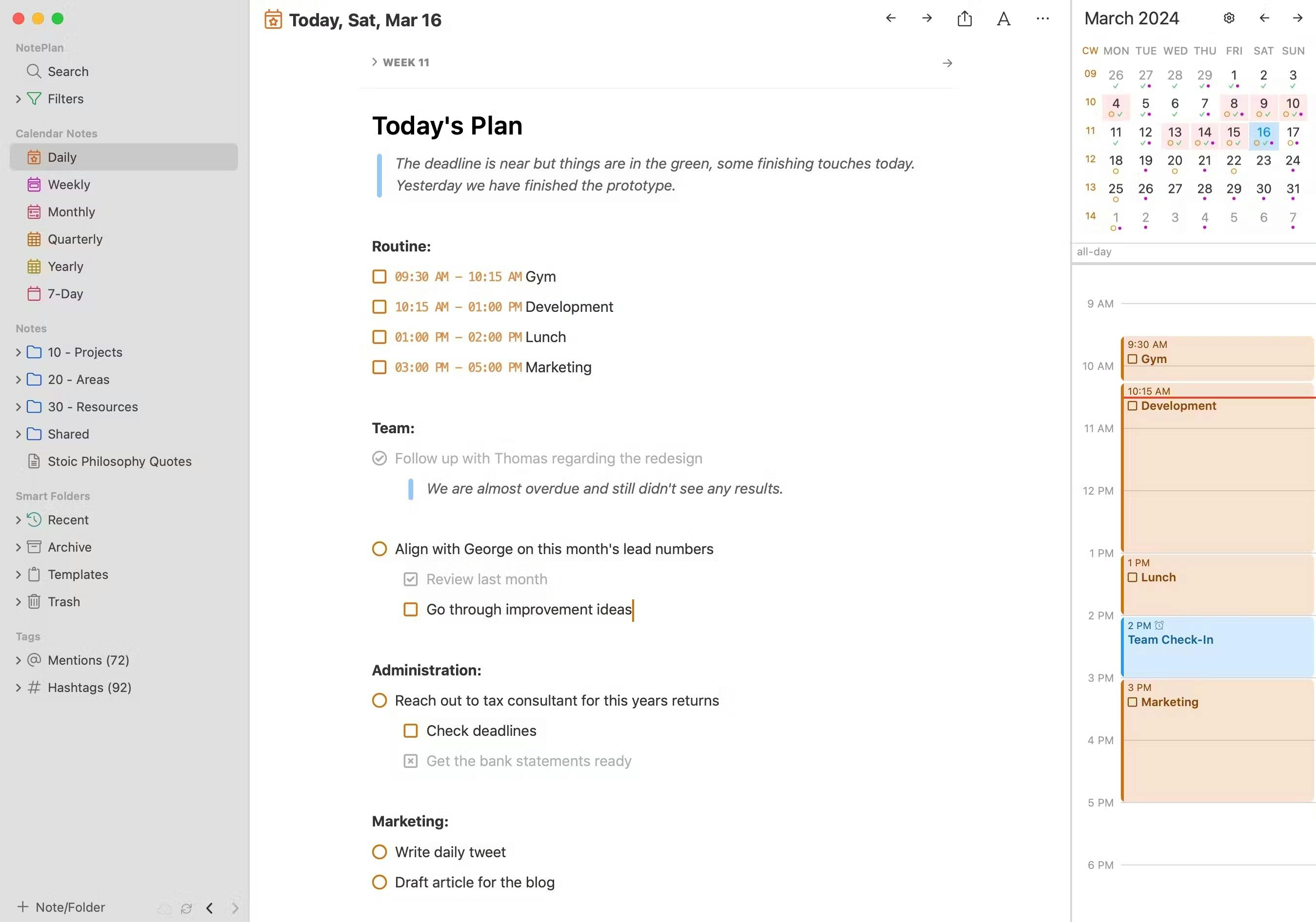 Интерфейс NotePlan на macOS с календарём и заметками