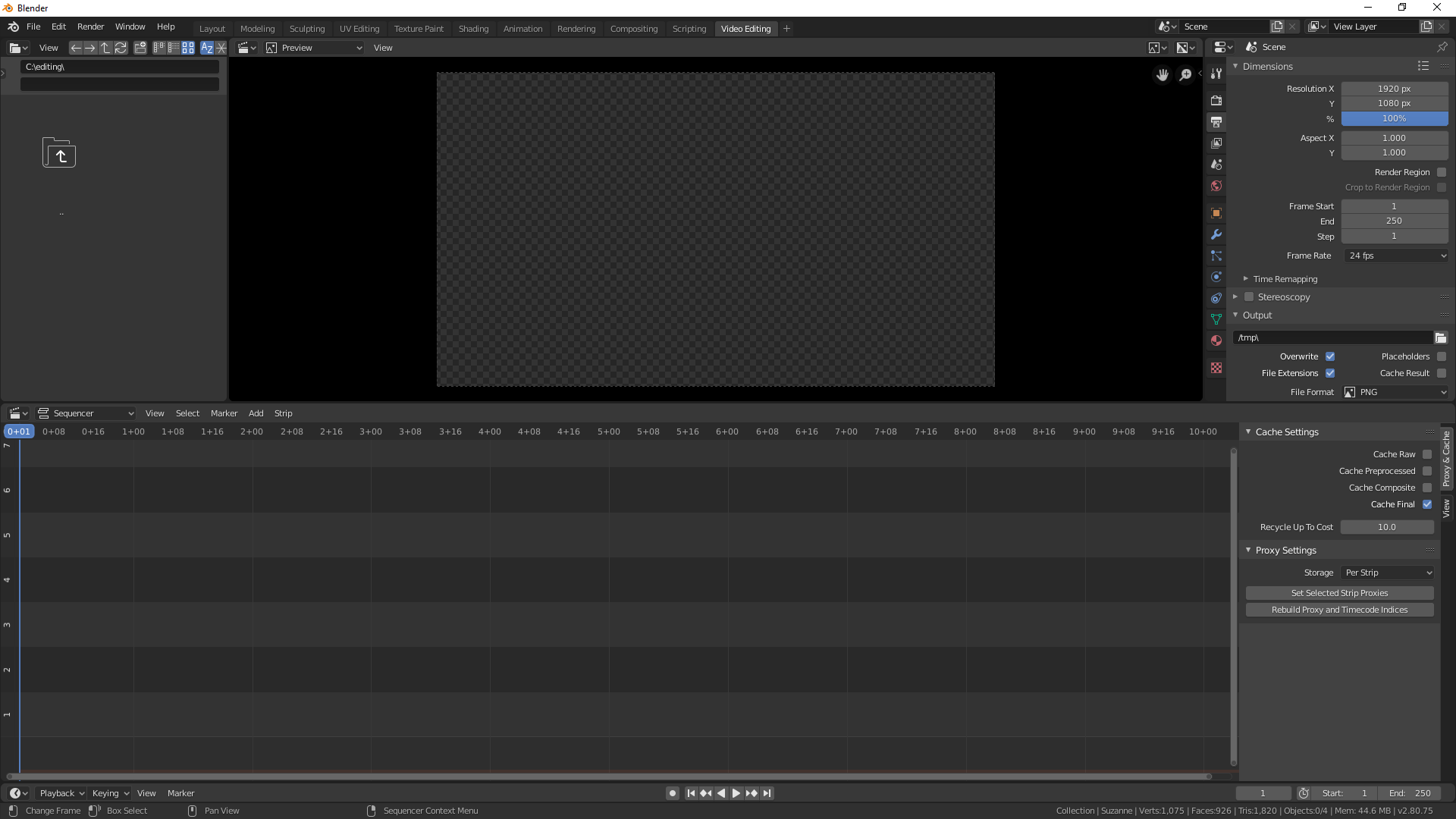 Рабочее пространство Video Editing в Blender с окном просмотра и Video Sequencer