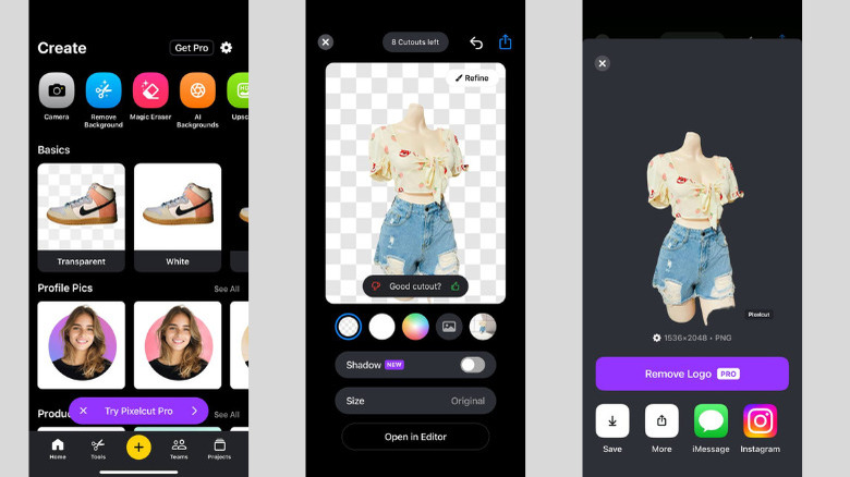 Pixelcut на iPhone: Remove Background и экран уточнения вырезанного объекта