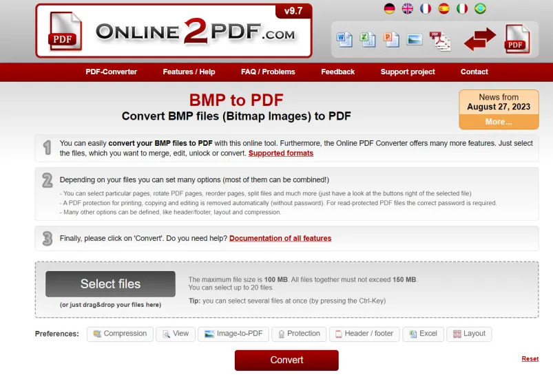 Интерфейс Online2PDF для BMP в PDF