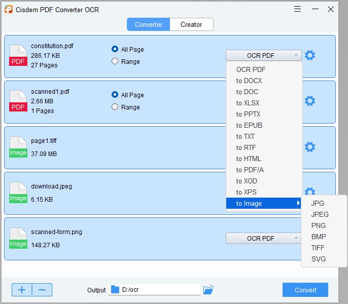 Выбор TIFF в Cisdem PDF Converter OCR