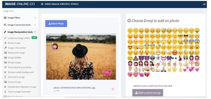 Интерфейс ImageOnline Add Emoji с библиотекой emoji