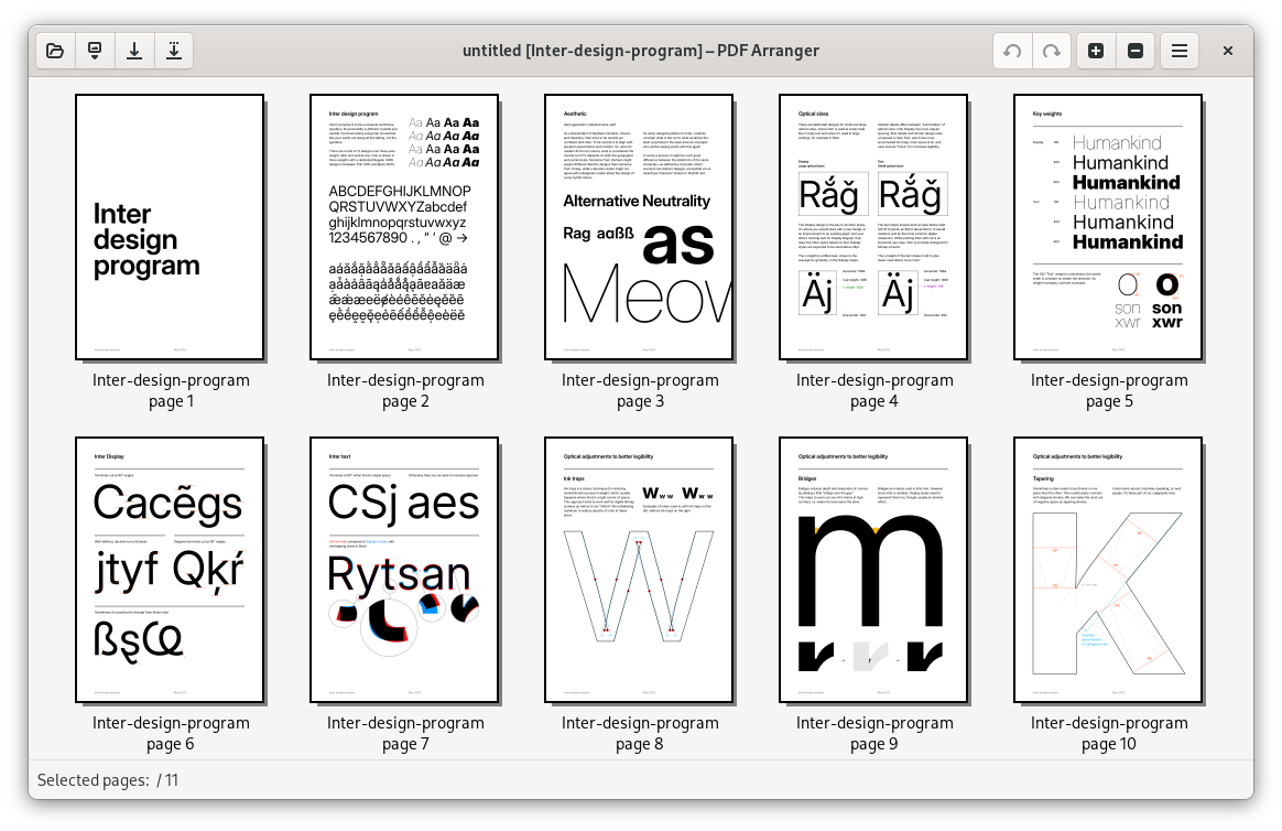 Интерфейс PDF Arranger с сеткой миниатюр страниц