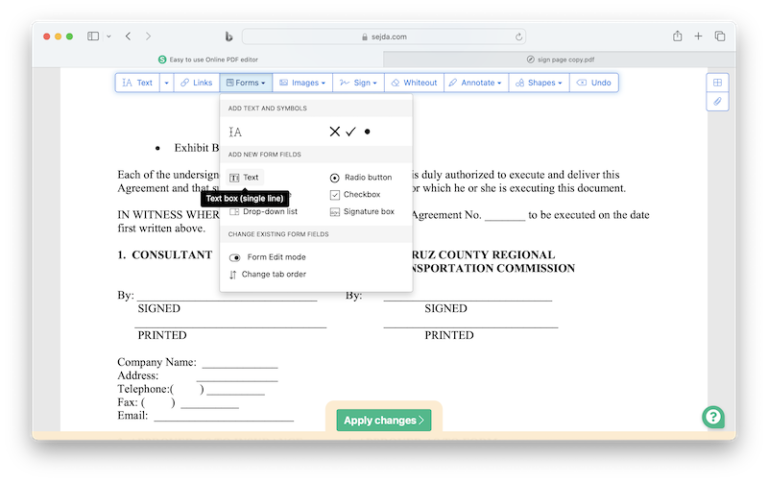 Sejda PDF Editor с меню Forms и типами полей формы
