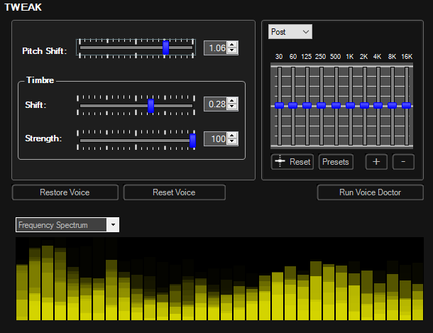 Панель Tweak с Pitch Shift, Timbre Shift и эквалайзером