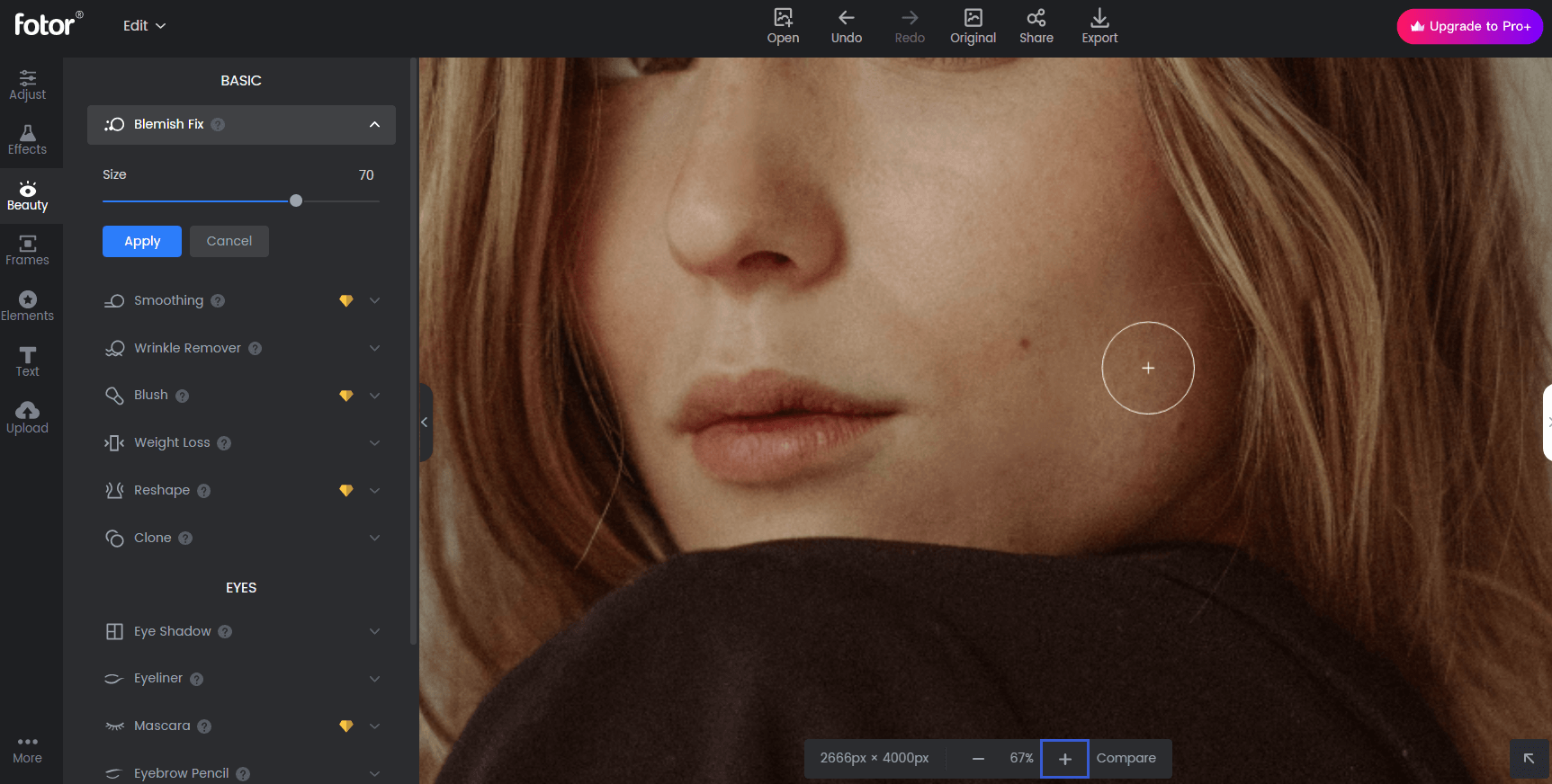 Fotor: интерфейс Beauty и Blemish Fix