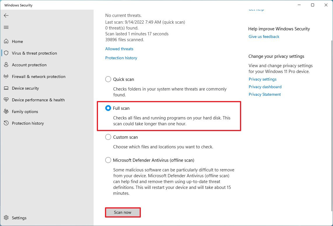 Полное сканирование Microsoft Defender в Windows 11