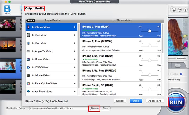 Окно Output Profile в MacX Video Converter Pro с профилями iPhone, выбором качества и кнопками Done, Apply to All и Cancel