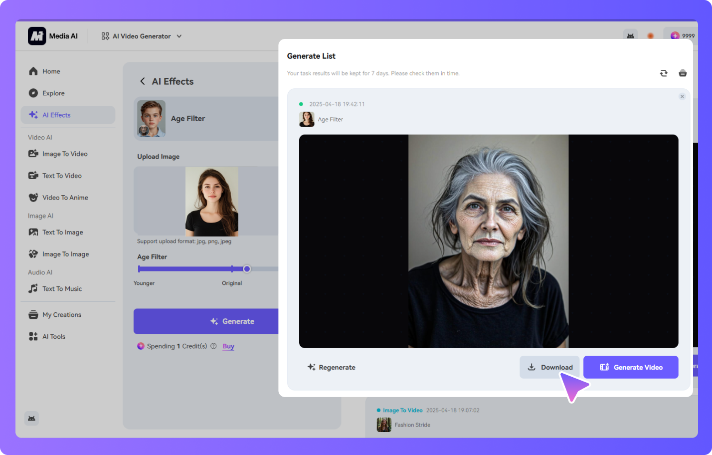 Результат Age Filter и кнопка Download в Media.io